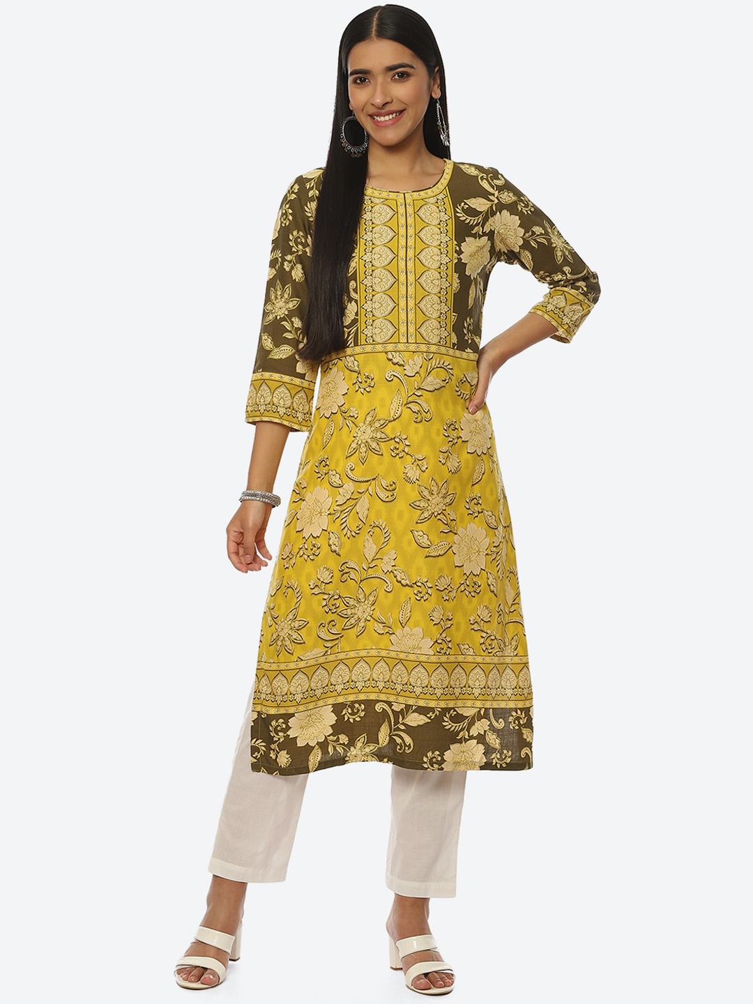 

Biba Women Floral Printed Kurta, Olive