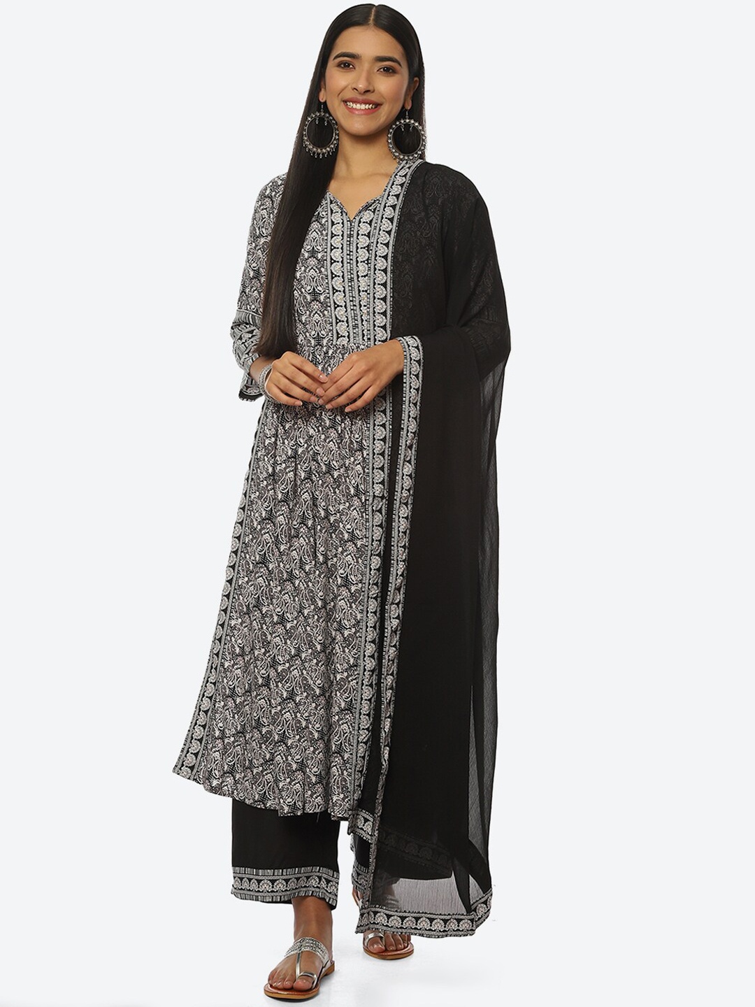 

Biba Women Paisley Printed Kurta with Palazzos & With Dupatta, Black