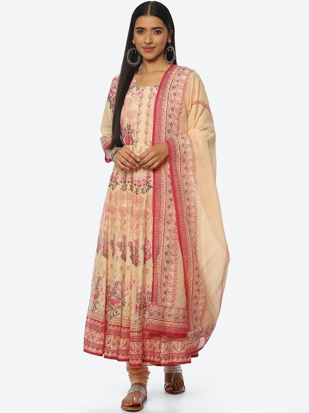 

Biba Women Floral Printed Kurta with Churidar & With Dupatta, Pink