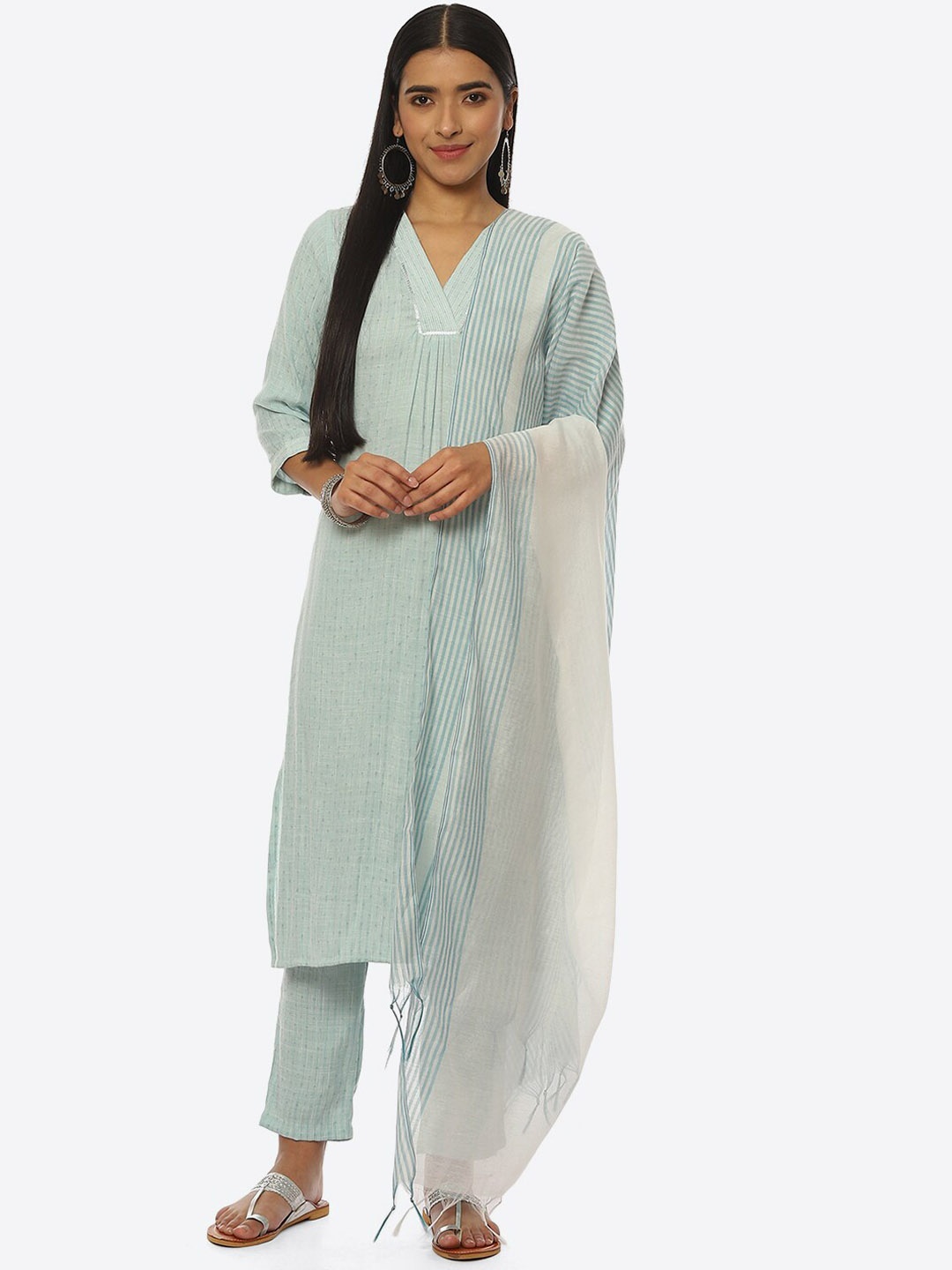 

Biba Women V-Neck Kurta & Trousers With Dupatta, Green