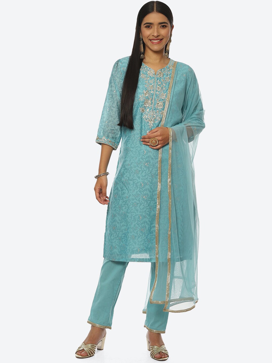 

Biba Women Floral Printed Notch Neck Thread Work Kurta with Trousers & Dupatta, Turquoise blue