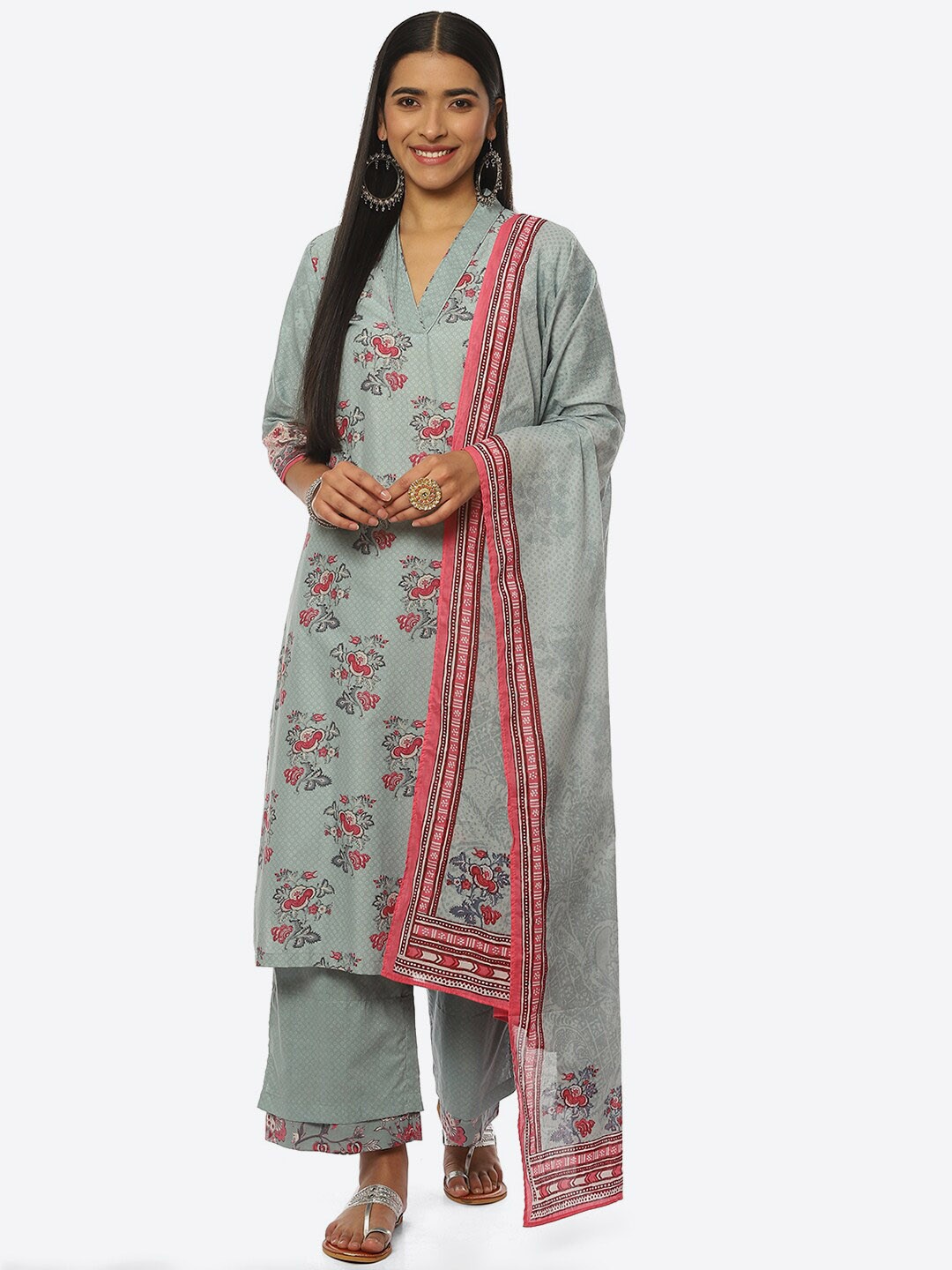 

Biba Floral Printed Kurta With Palazzos & Dupatta, Blue