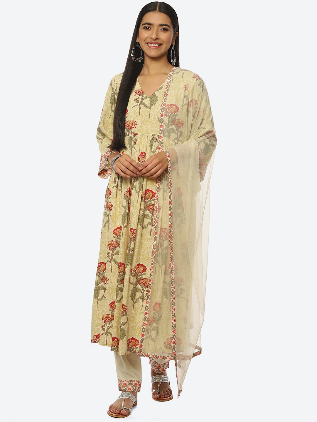 

Biba Floral Printed Pleated Kurta with Trousers & With Dupatta, Green