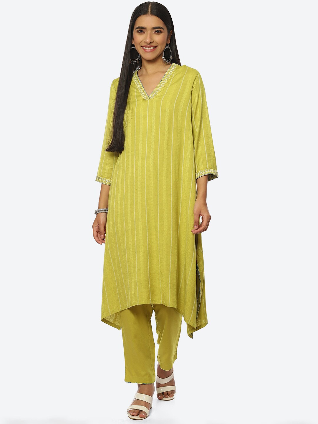 

Biba Striped Thread Work Kurta with Trousers, Lime green