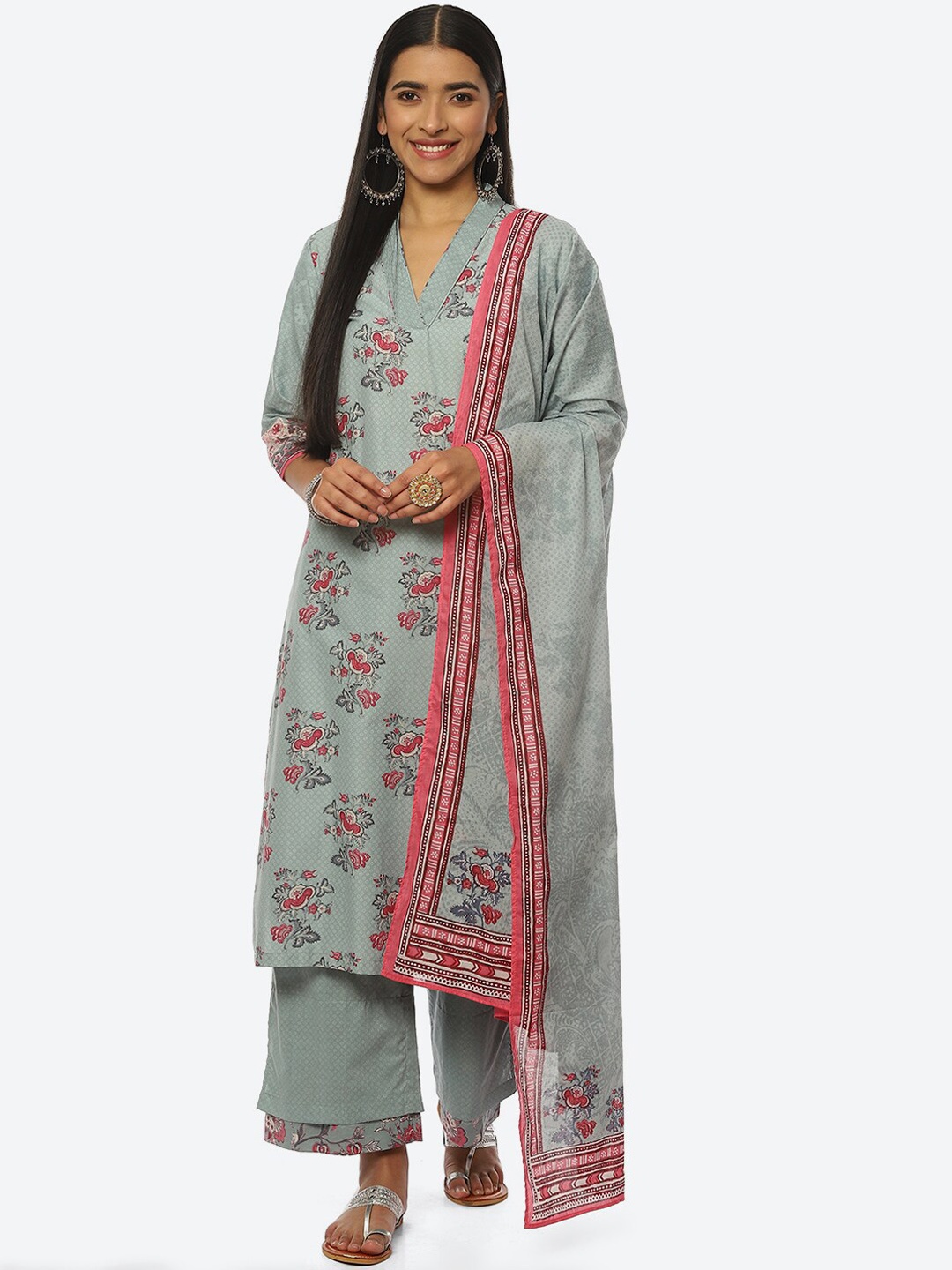 

Biba Women Floral Printed V-Neck Kurta with Palazzos & Dupatta, Blue