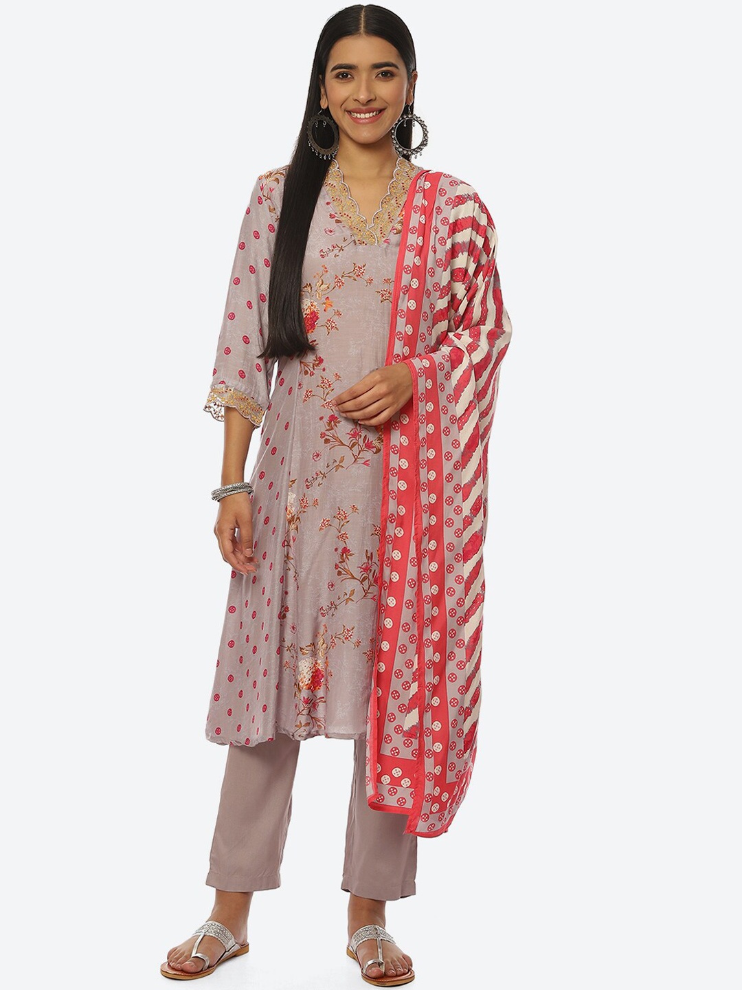 

Biba Women Plus Size Floral Embroidered Kurta with Trousers & Dupatta, Grey