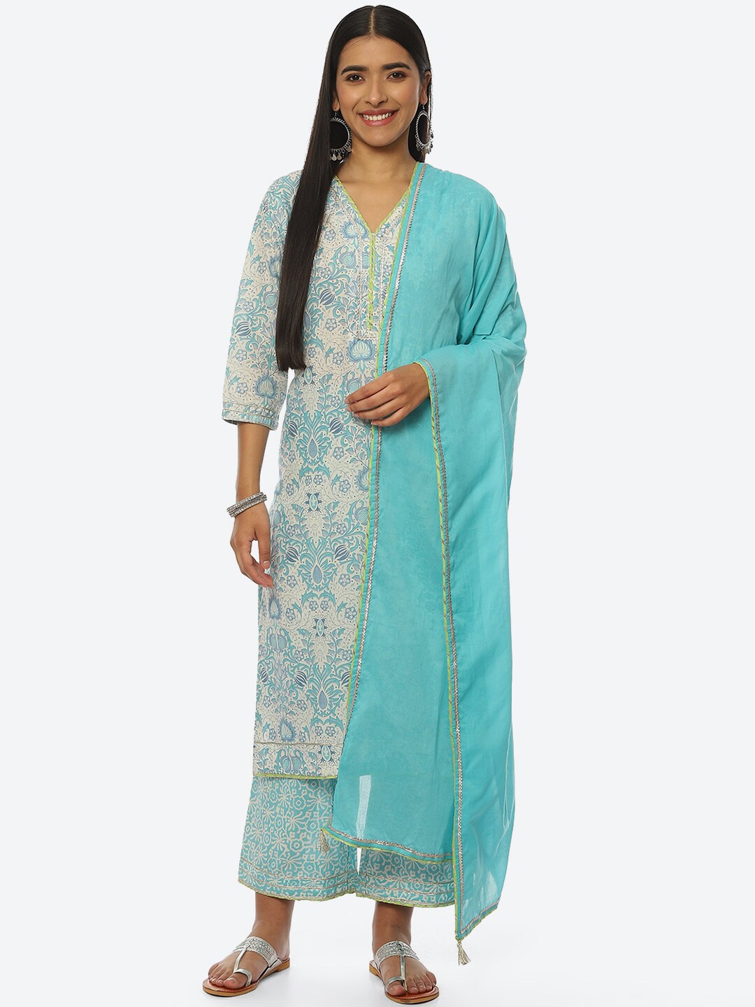 

Biba Women Ethnic Motifs Printed Kurta with Palazzos & Dupatta, Off white