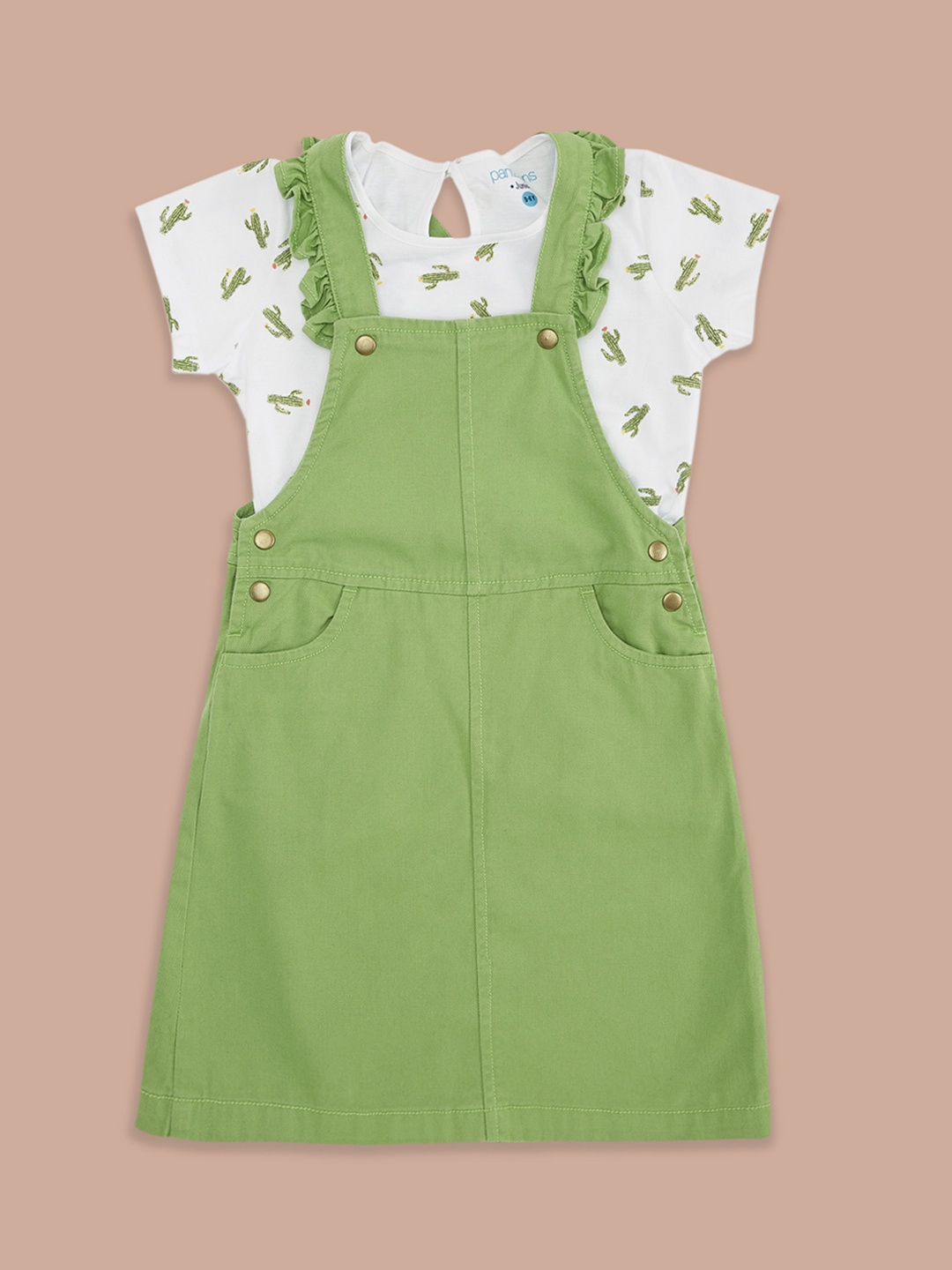 

Pantaloons Junior Girls Cotton Printed T-shirt with Dungarees, Green