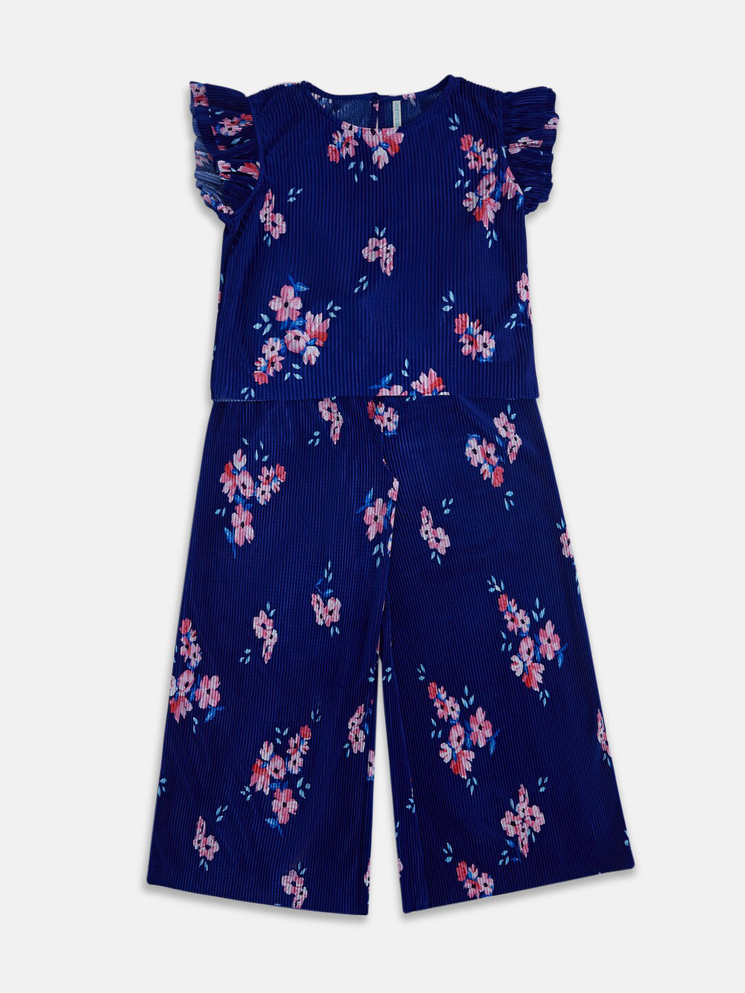 

Pantaloons Junior Girls Floral Printed Accordion Pleated Pure Cotton T-shirt with Trousers, Blue