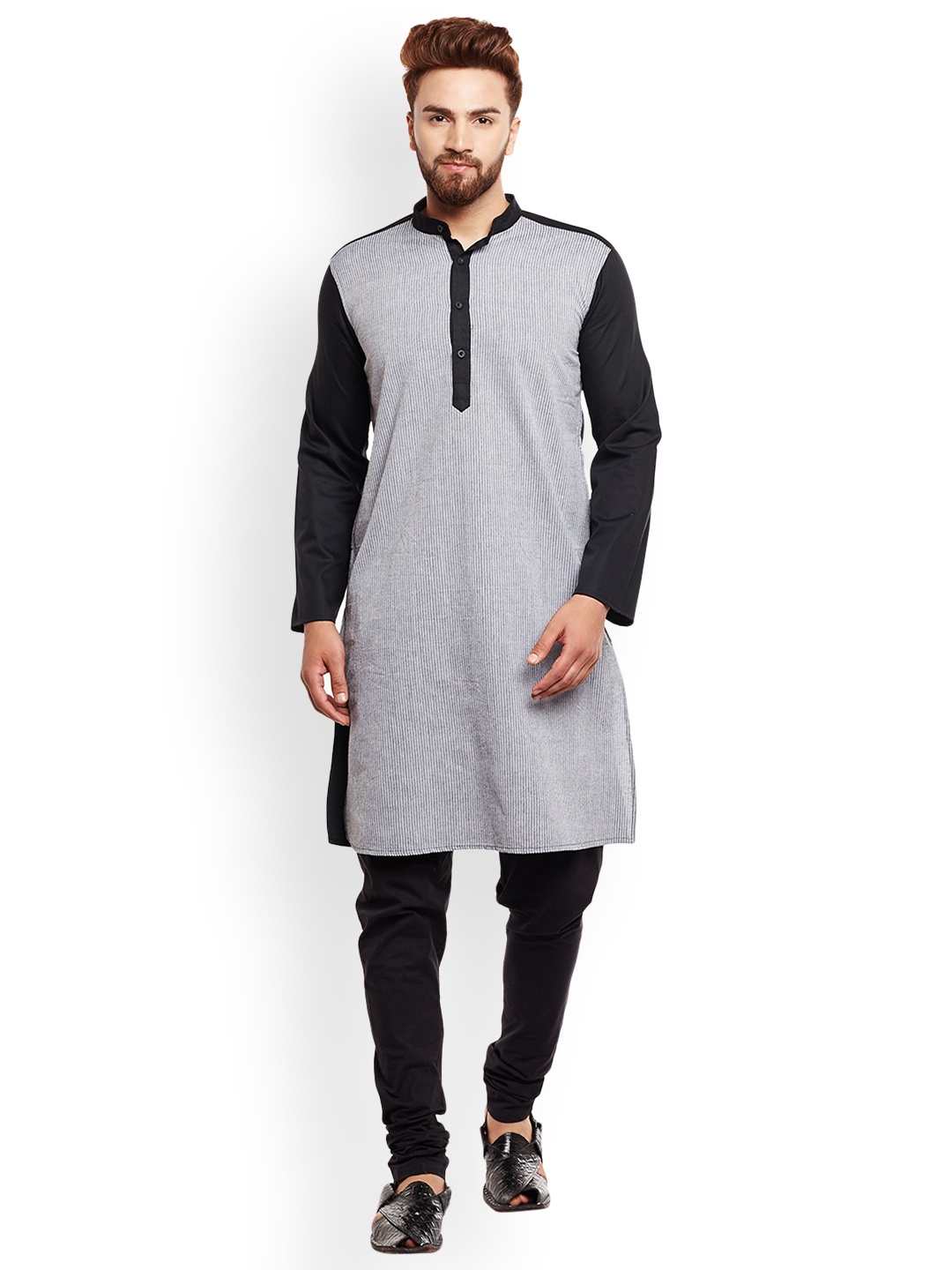 

even Men Grey Melange & Black Striped Straight Kurta