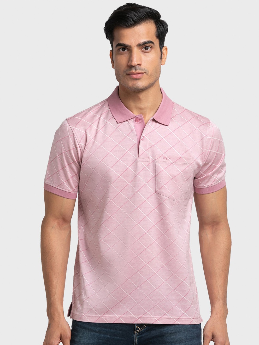 

ColorPlus Men Pink Checked Polo Collar Cotton T-shirt