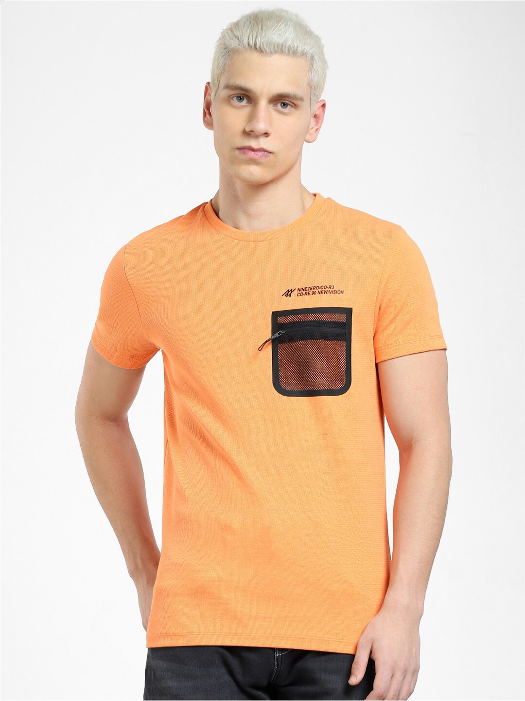 

Jack & Jones Men Slim Fit Cotton T-shirt With Mesh Pocket Detail, Orange