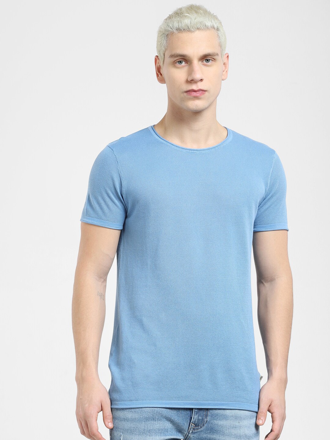 

Jack & Jones Men Pique Round Neck Cotton T-shirt, Blue
