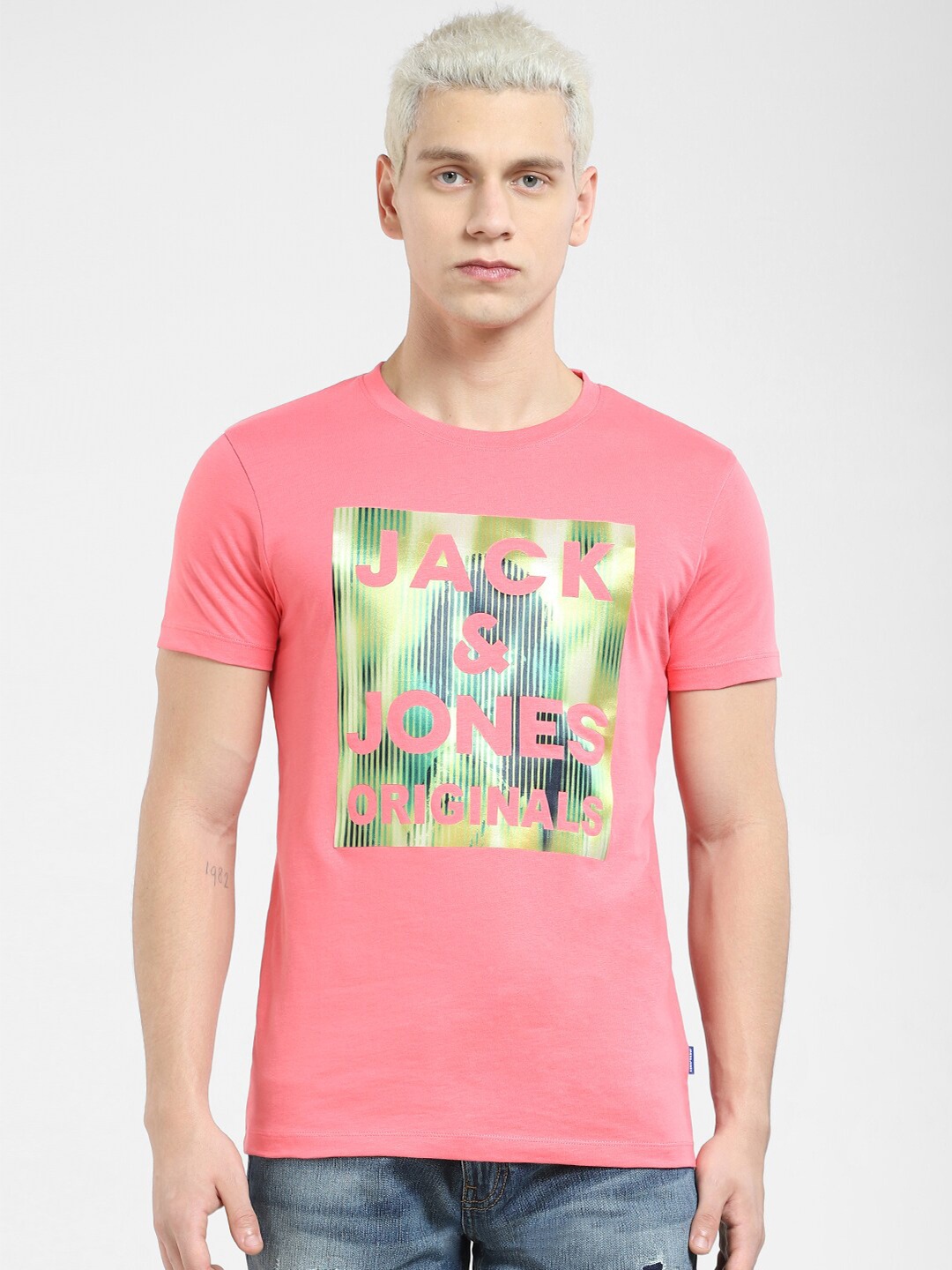 

Jack & Jones Men Graphic Printed Cotton T-shirt, Pink