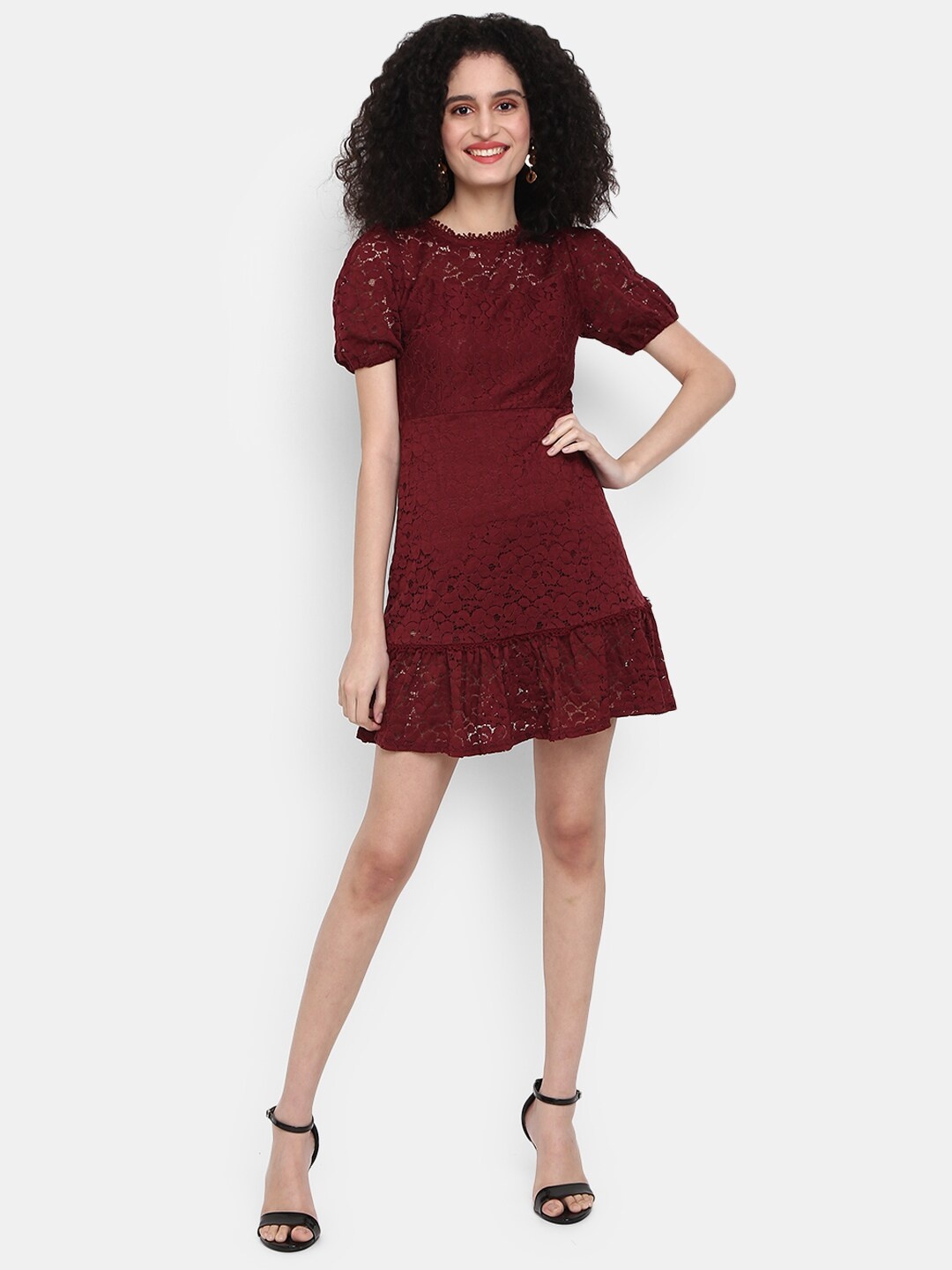 

V-Mart Laced Floral A-Line Cotton Dress, Maroon