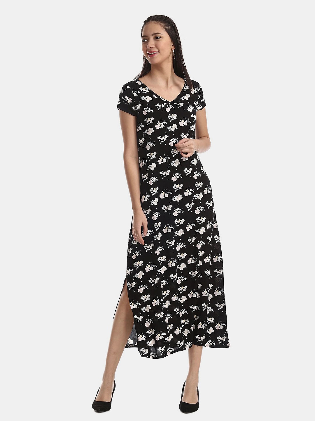 

V-Mart Floral Printed A-Line Dress, Black