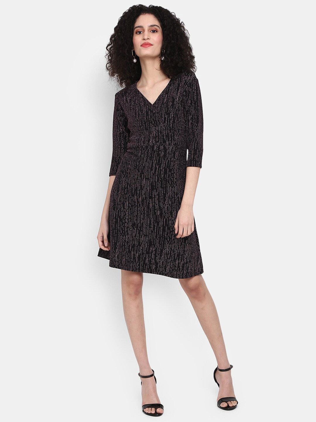 

V-Mart Printed V-Neck Cotton A-Line Dress, Black