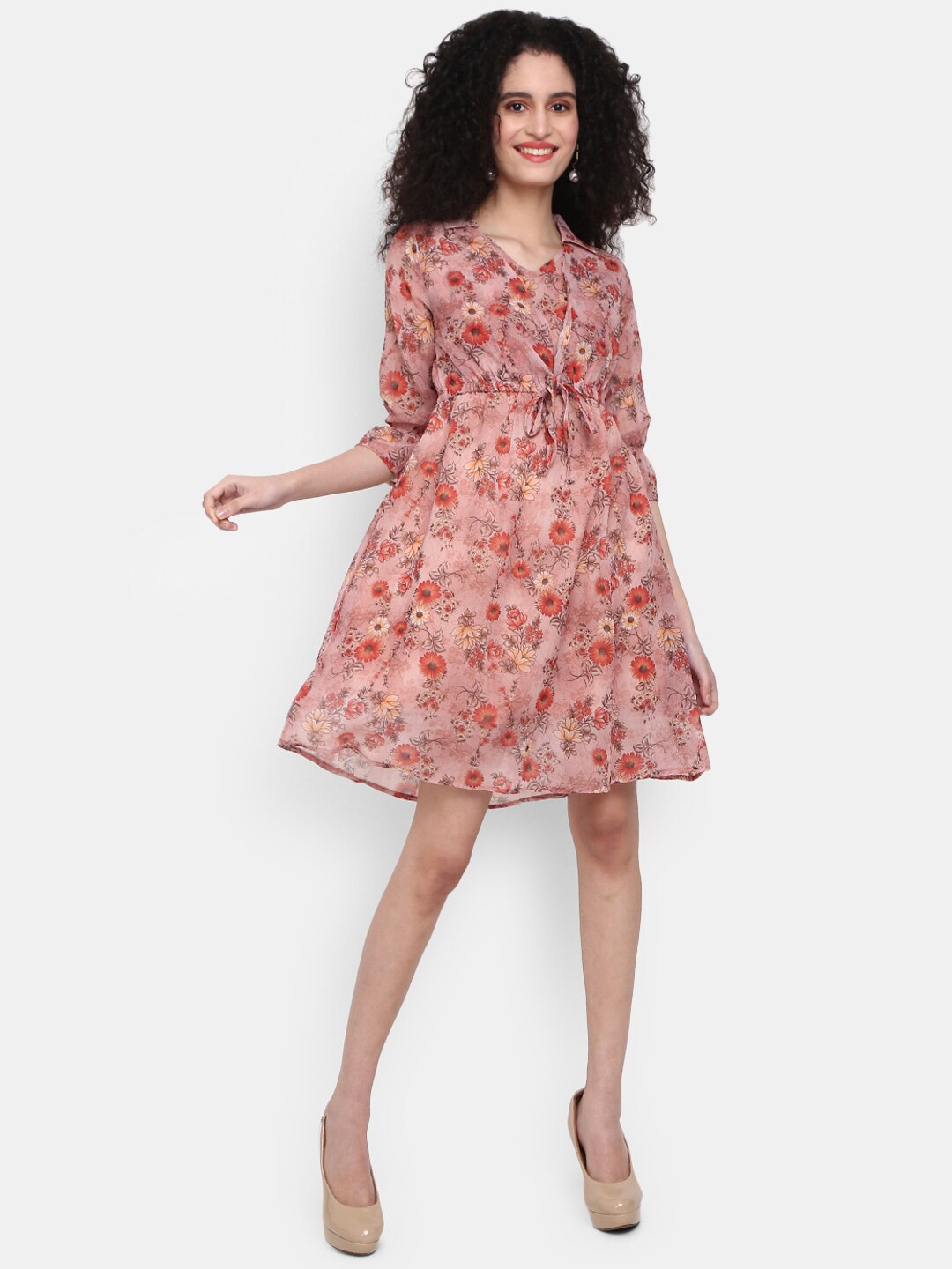 

V-Mart Floral Printed Fit And Flare Cotton Midi Dress, Peach