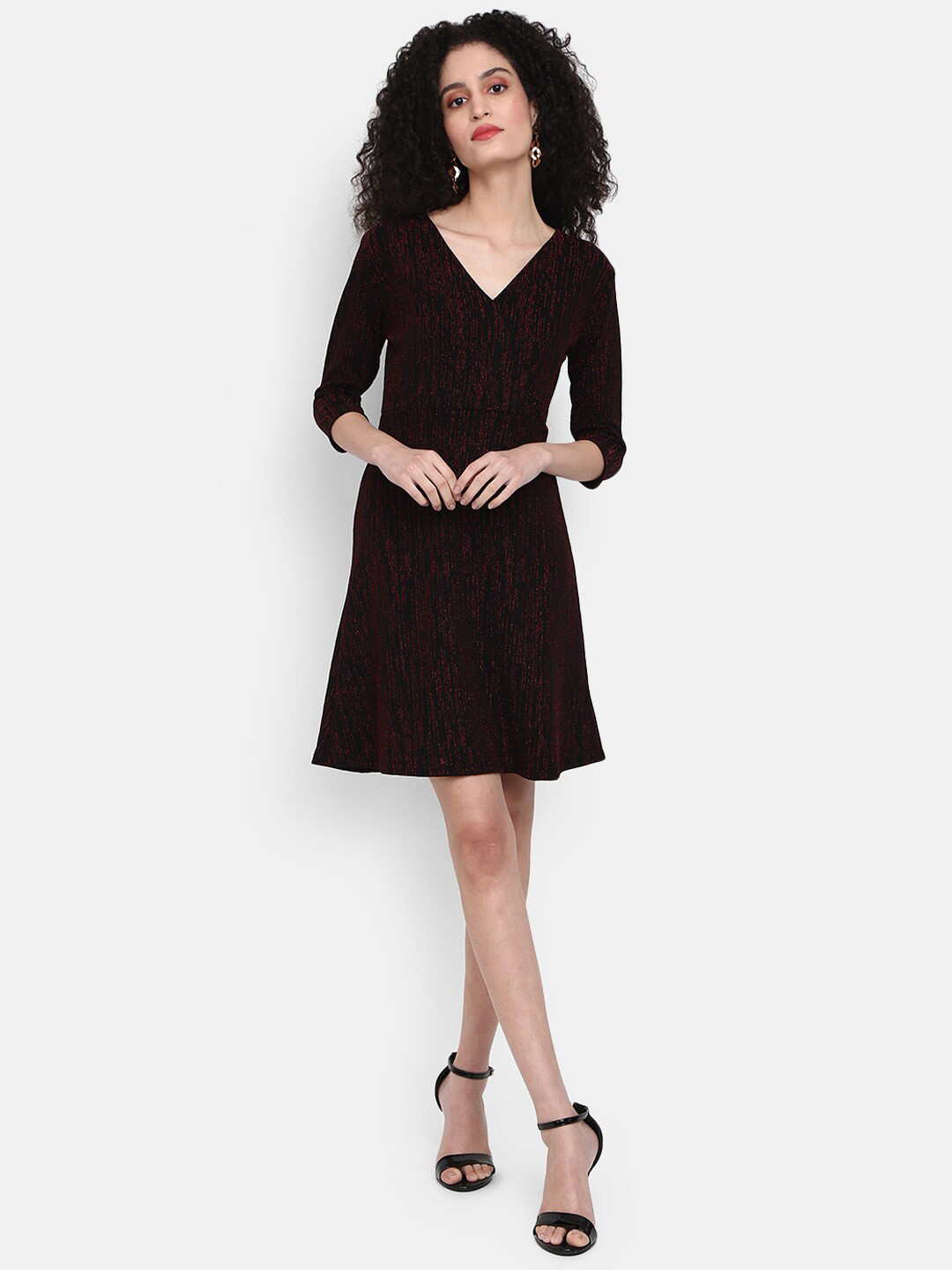 

V-Mart V-Neck Cotton A-Line Dress, Maroon