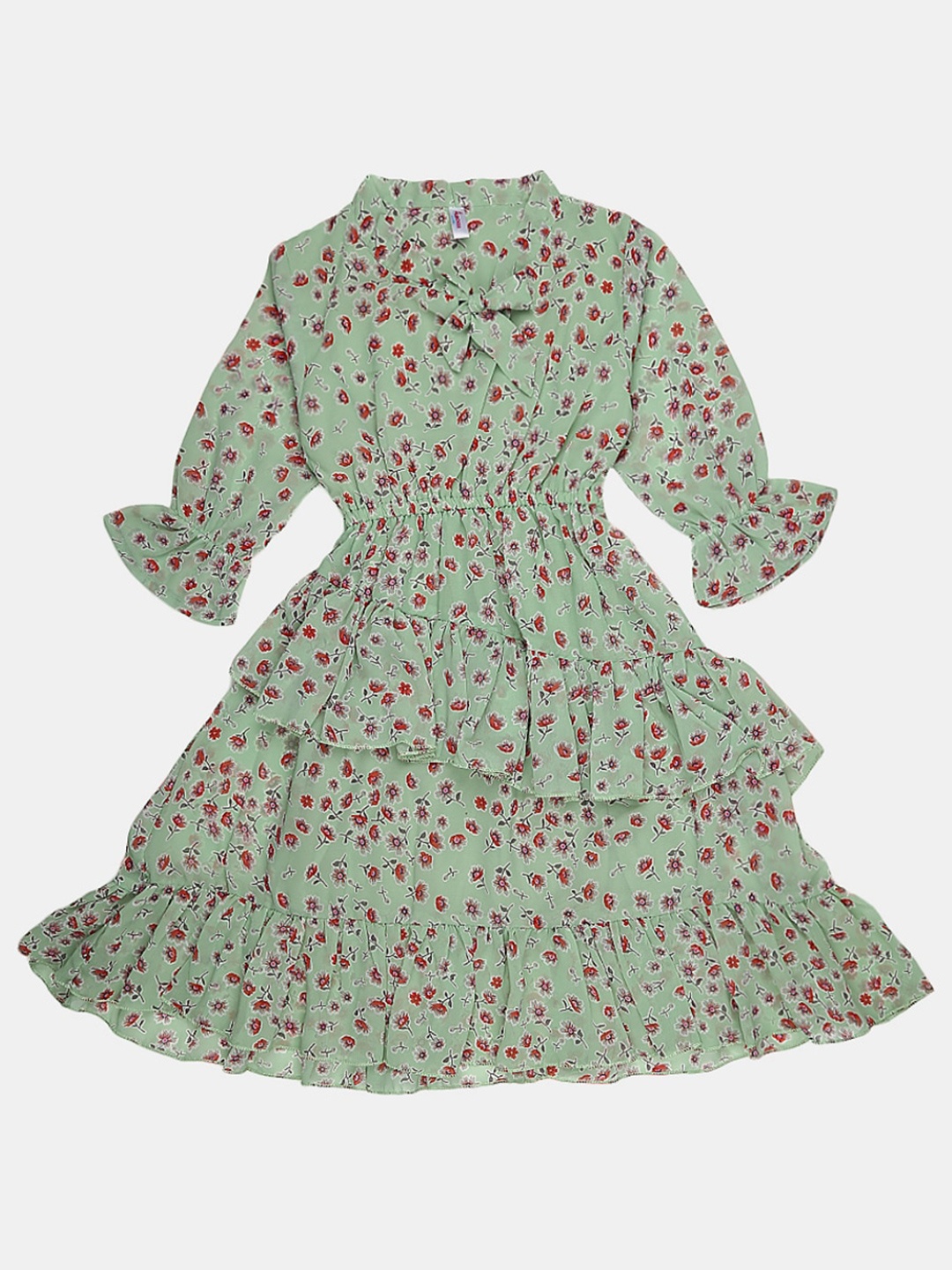 

V-Mart Floral Printed Tie-Up Neck Ruffle Detail Georgette Dress, Green