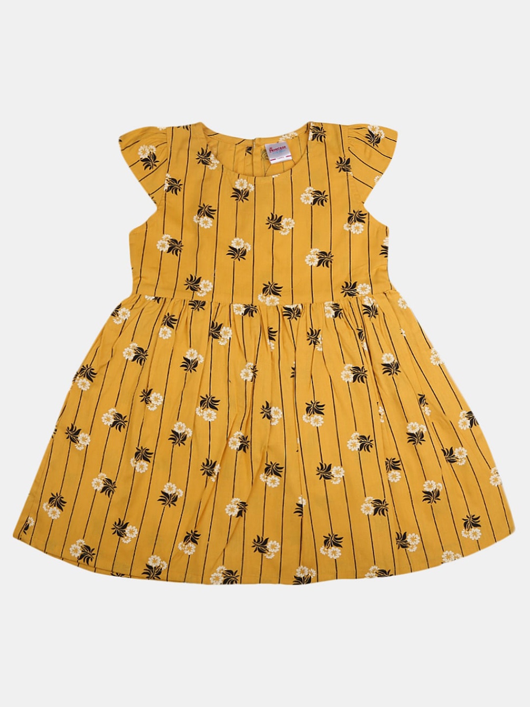 

V-Mart Girls Floral Printed Cotton Round Neck Fit And Flare Dress, Mustard