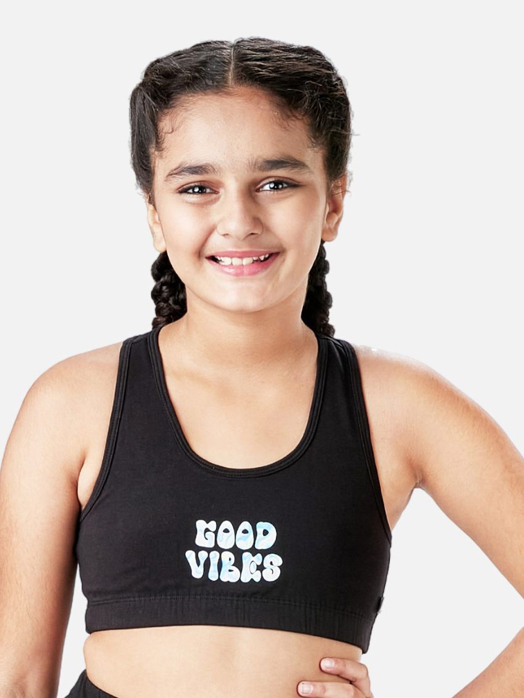 

You Got Plan B Girls Typography Printed Double Layered Racerback Sports Bra, Black