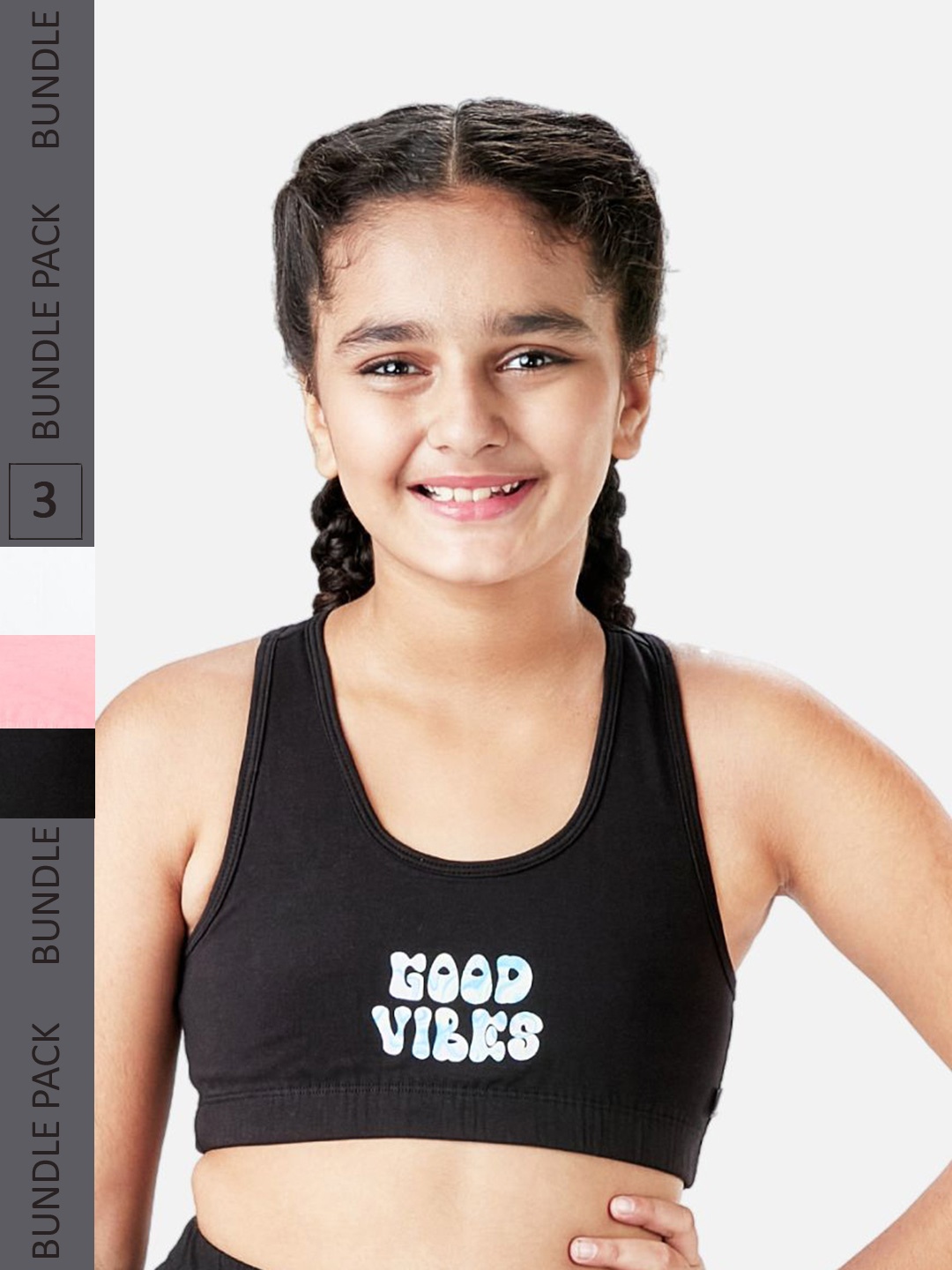 

You Got Plan B Girls Pack of 3 Lightly Padded Racerback Anti-Bacterial Cotton Sports Bra, White