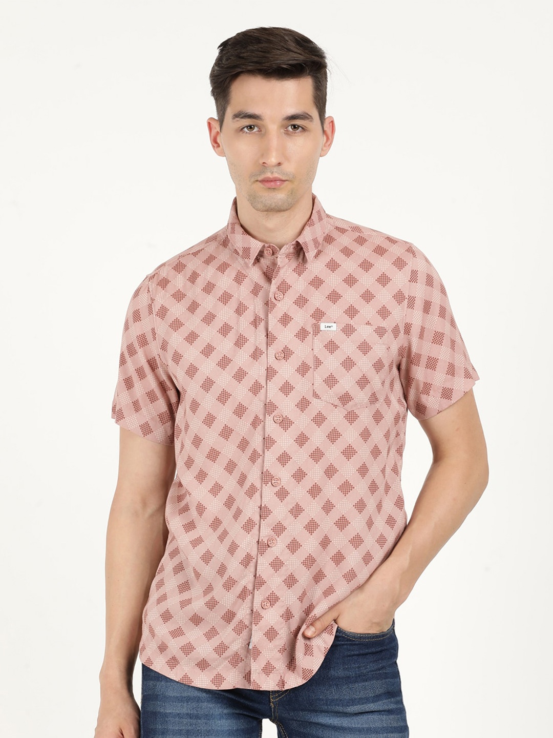 

Lee Men Slim Fit Printed Casual Cotton Shirt, Beige