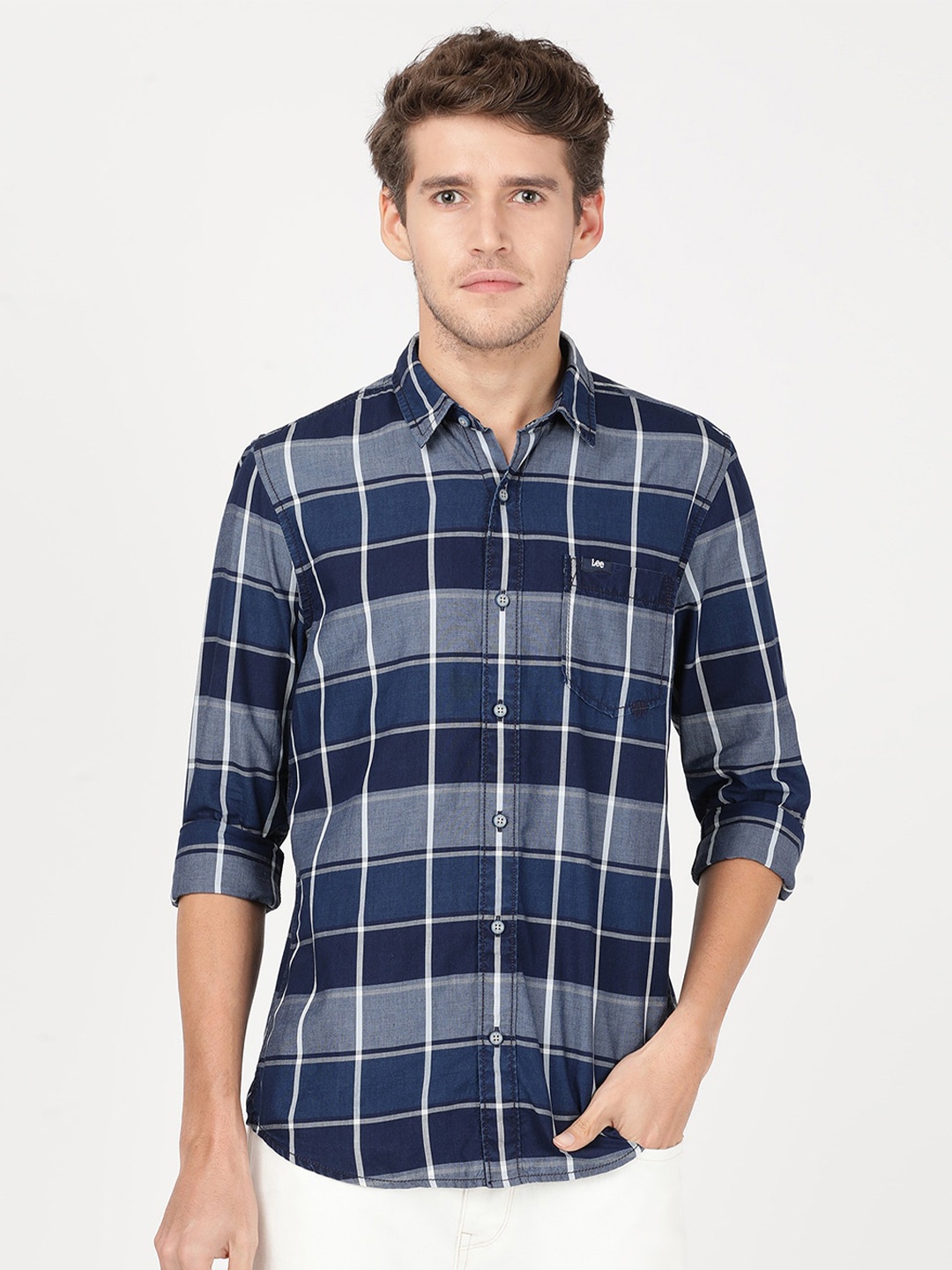 

Lee Men Slim Fit Tartan Checked Casual Cotton Shirt, Navy blue