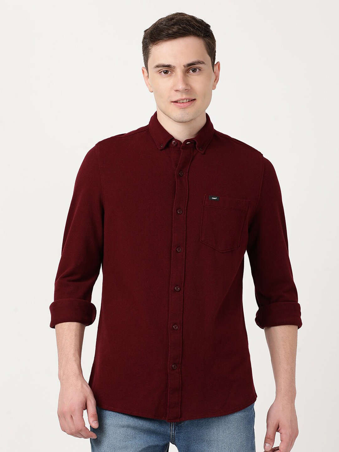 

Lee Men Button-Down Collar Slim Fit Casual Cotton Shirt, Red