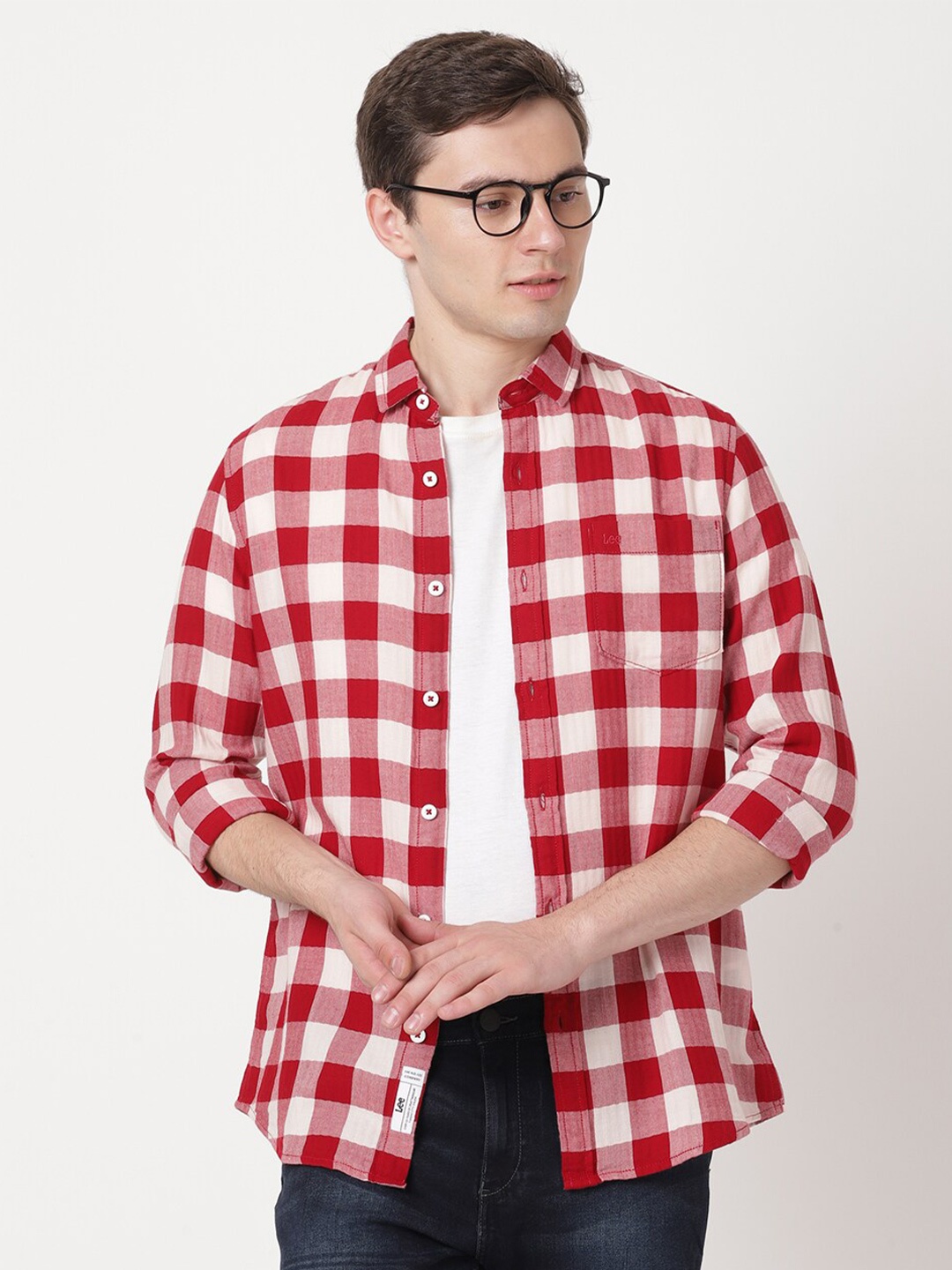 

Lee Men Slim Fit Checked Casual Cotton Shirt, Red