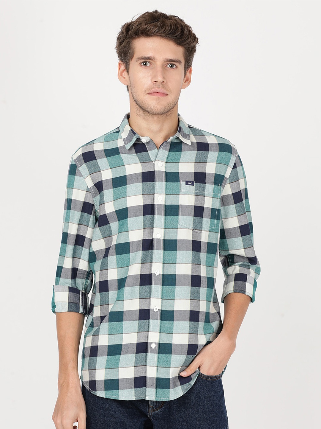 

Lee Men Slim Fit Checked Casual Cotton Shirt, Navy blue