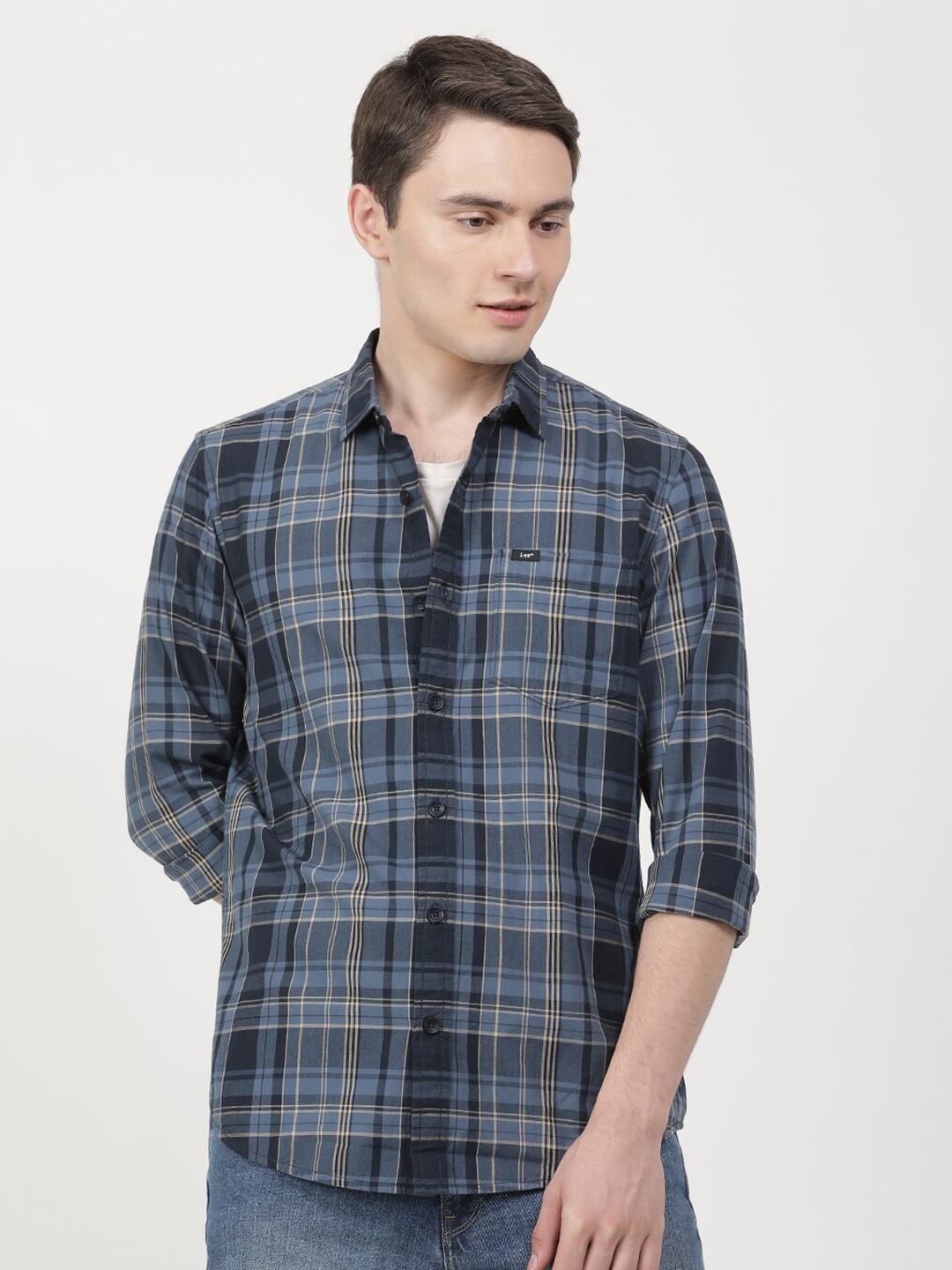 

Lee Men Slim Fit Tartan Checked Casual Cotton Shirt, Blue