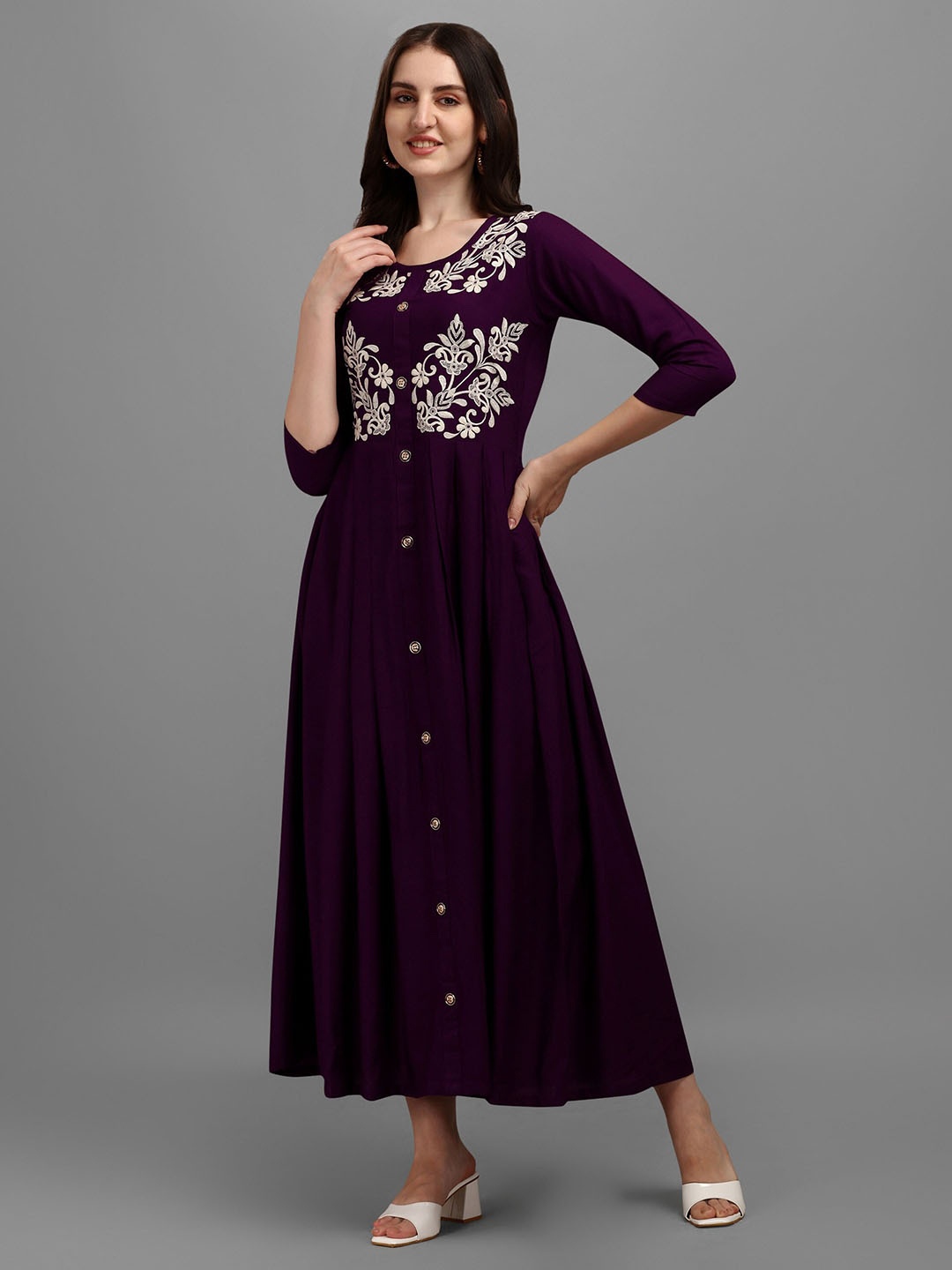 

Vaidehi Fashion Embroidered Round Neck Maxi Dress, Purple