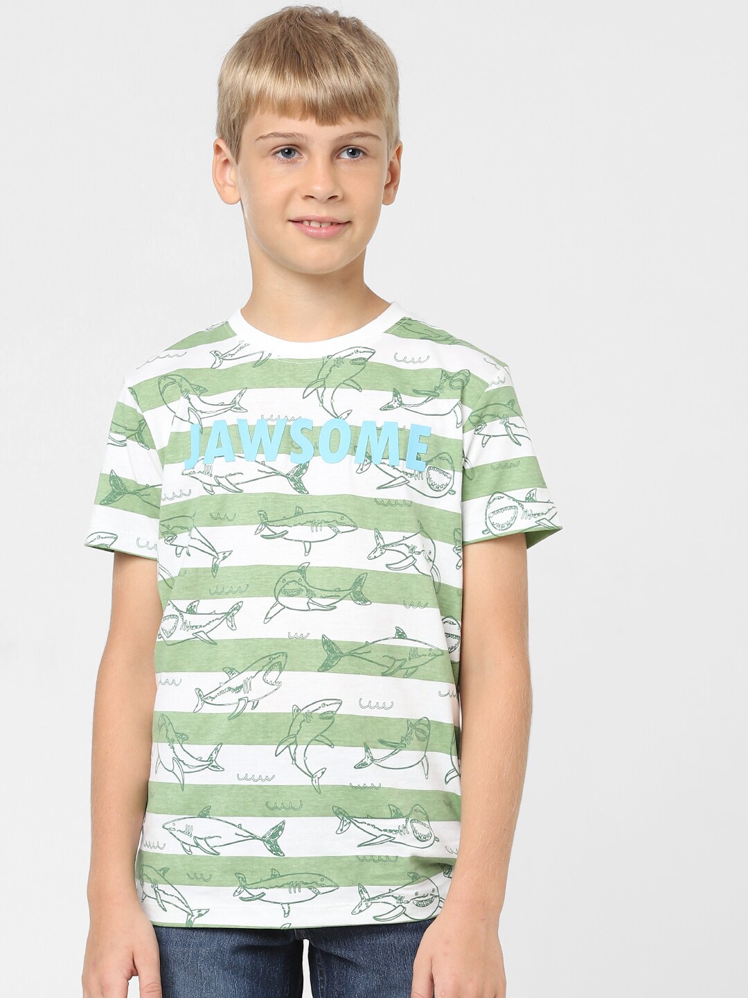 

Jack & Jones Junior Boys Typography Printed Striped Cotton T-shirt, Green