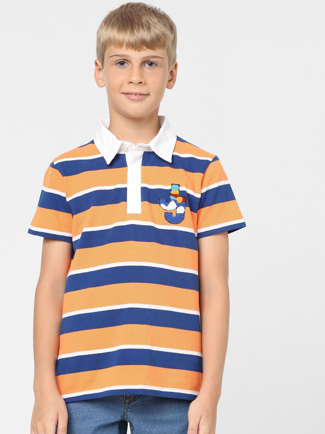 

Jack & Jones Junior Boys Striped Polo Collar Cotton T-shirt, Orange