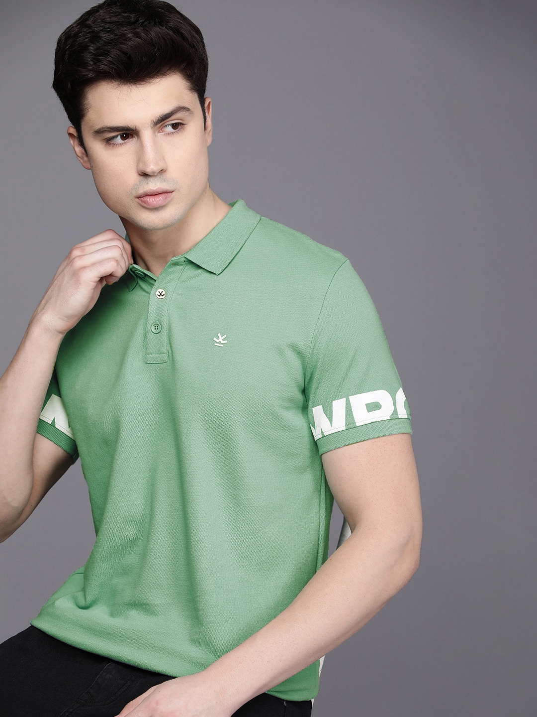 

WROGN Brand Logo Printed Polo Collar Pure Cotton Slim Fit T-shirt, Green