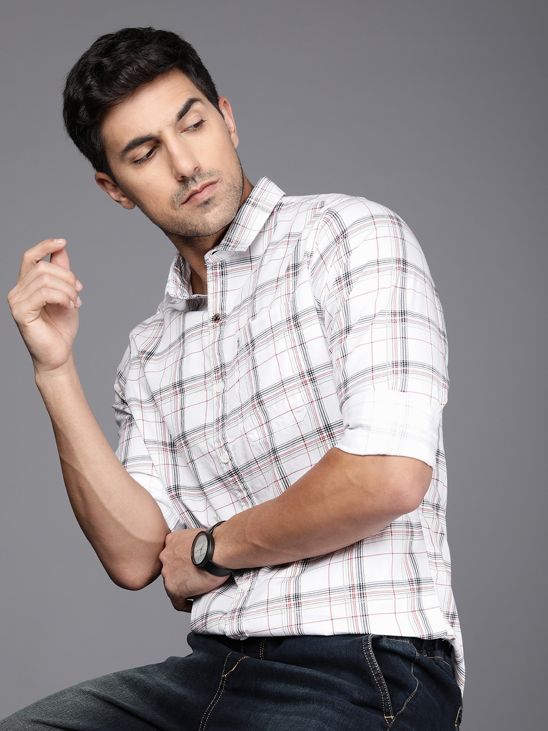

WROGN Men Pure Cotton Slim Fit Tartan Checked Casual Shirt, White