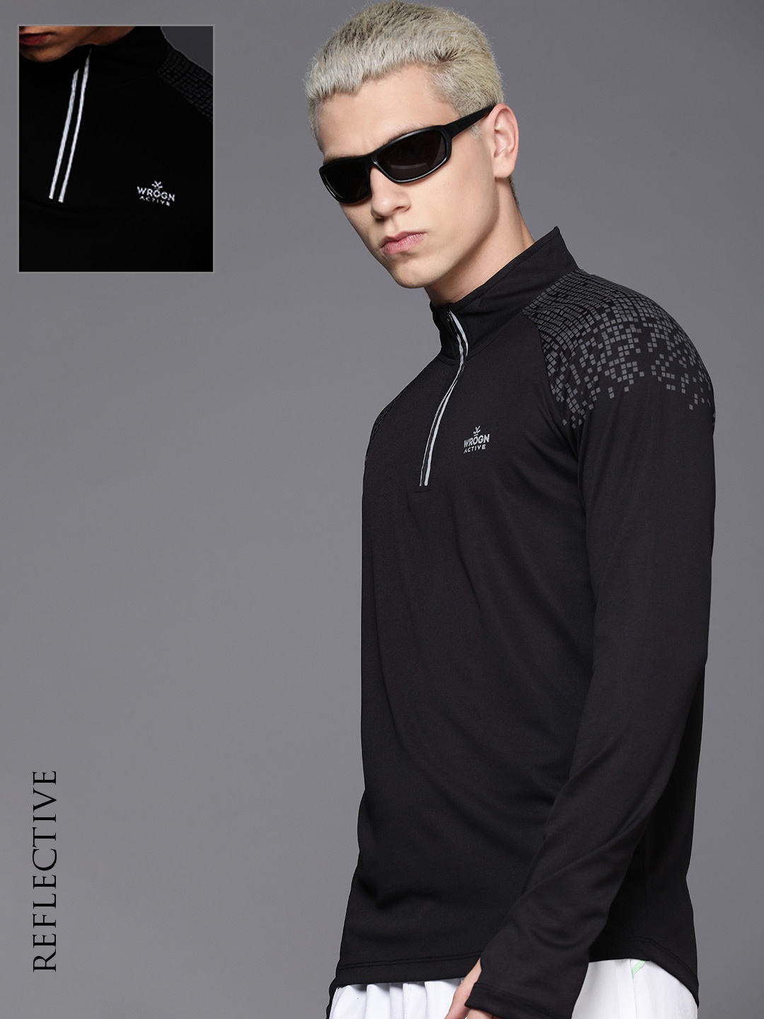 

WROGN ACTIVE Men Geometric Printed High Neck Outdoor T-shirt, Black