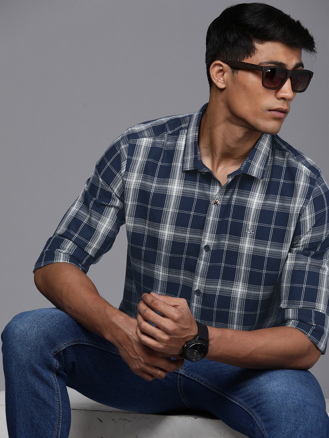

WROGN Slim Fit Tartan Checked Casual Shirt, Navy blue