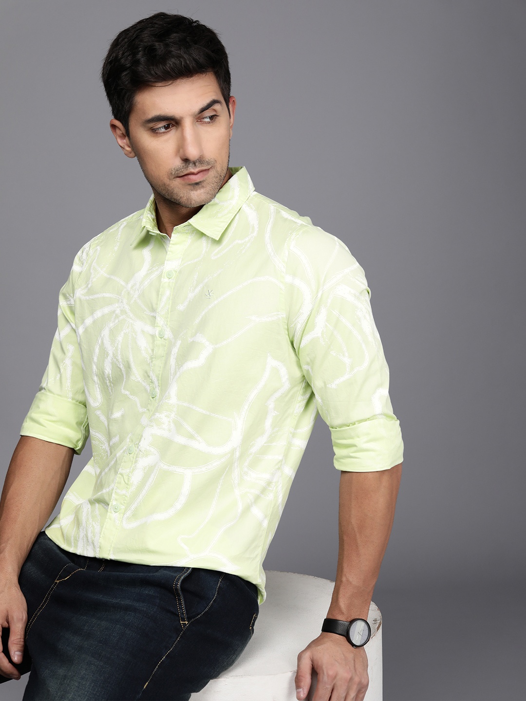 

WROGN Men Pure Cotton Slim Fit Printed Casual Shirt, Green