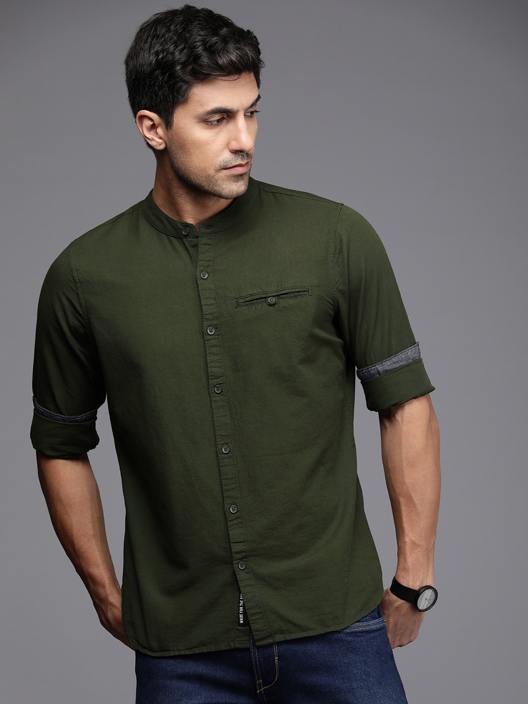 

WROGN Men Pure Cotton Slim Fit Casual Shirt, Olive