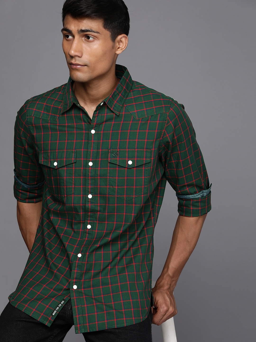 

WROGN Men Pure Cotton Slim Fit Checked Casual Shirt, Green