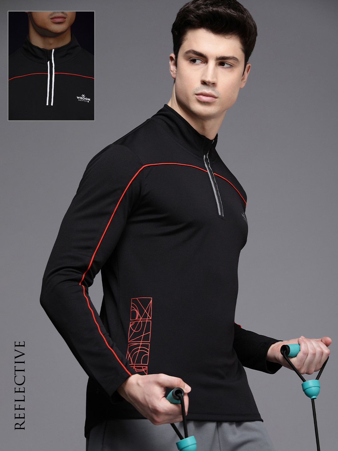 

WROGN ACTIVE Men Reflective Feature Printed High Neck T-shirt, Black