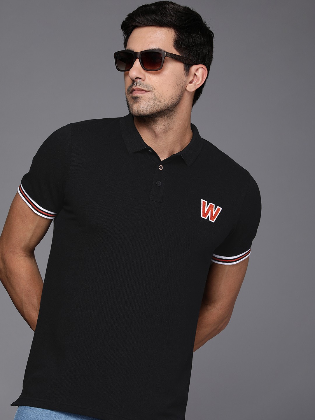 

WROGN Brand Logo Embroidered Polo Collar Pure Cotton Slim Fit T-shirt, Black