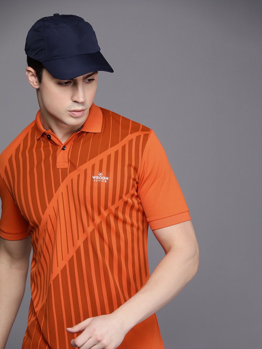 

WROGN ACTIVE Striped Polo Collar Dry-Pro Slim Fit T-shirt, Orange