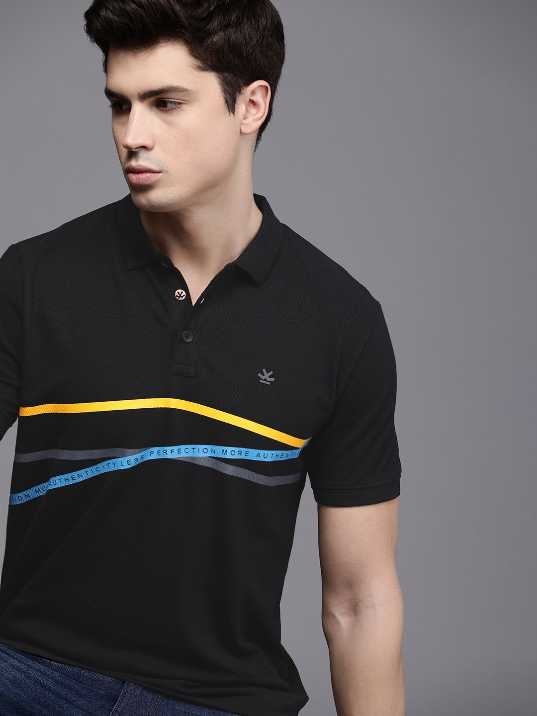 

WROGN Striped Polo Collar Pure Cotton Slim Fit T-shirt, Black