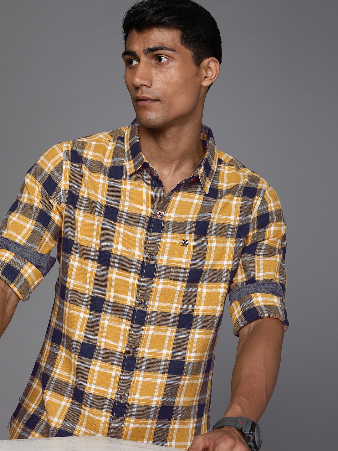 

WROGN Men Pure Cotton Slim Fit Tartan Checked Casual Shirt, Mustard