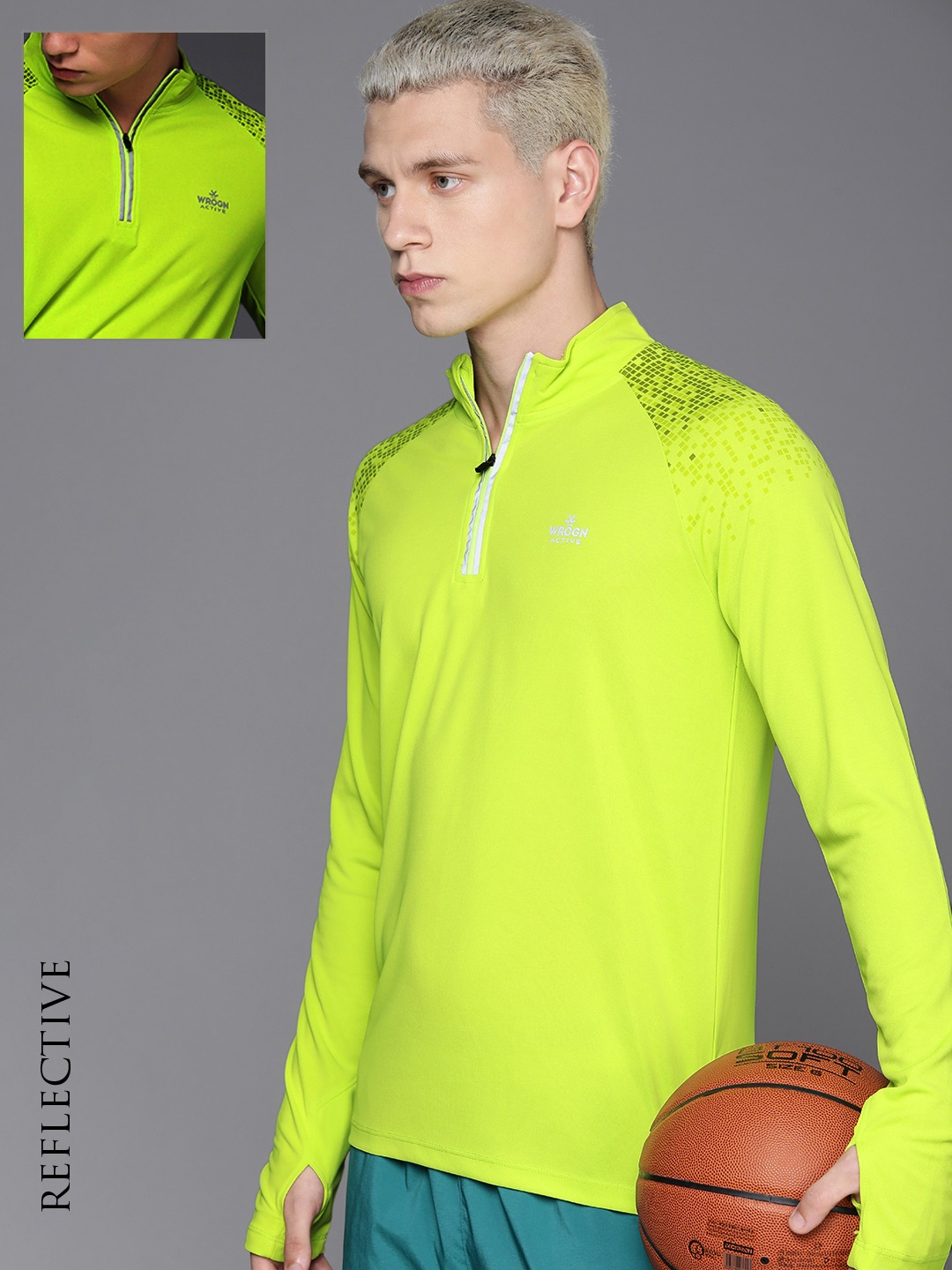 

WROGN ACTIVE Men Geometric Printed High Neck Outdoor T-shirt, Lime green