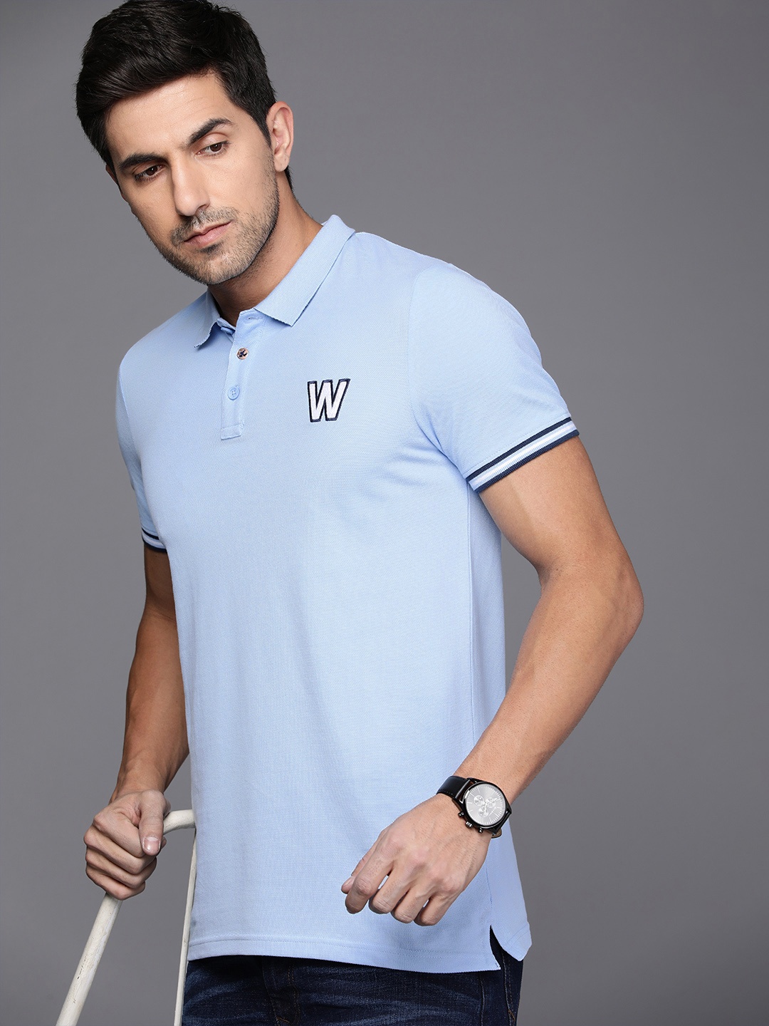 

WROGN Brand Logo Embroidered Polo Collar Pure Cotton Slim Fit T-shirt, Blue